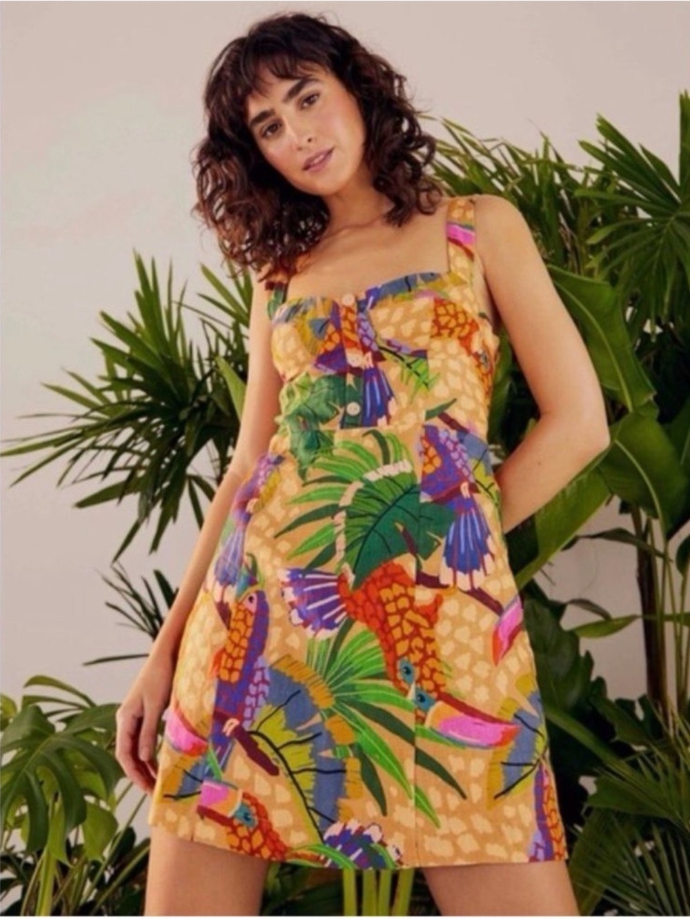 House of Harlow 1960 Sand Painted Toucan Linen-blend Print Mini Dress